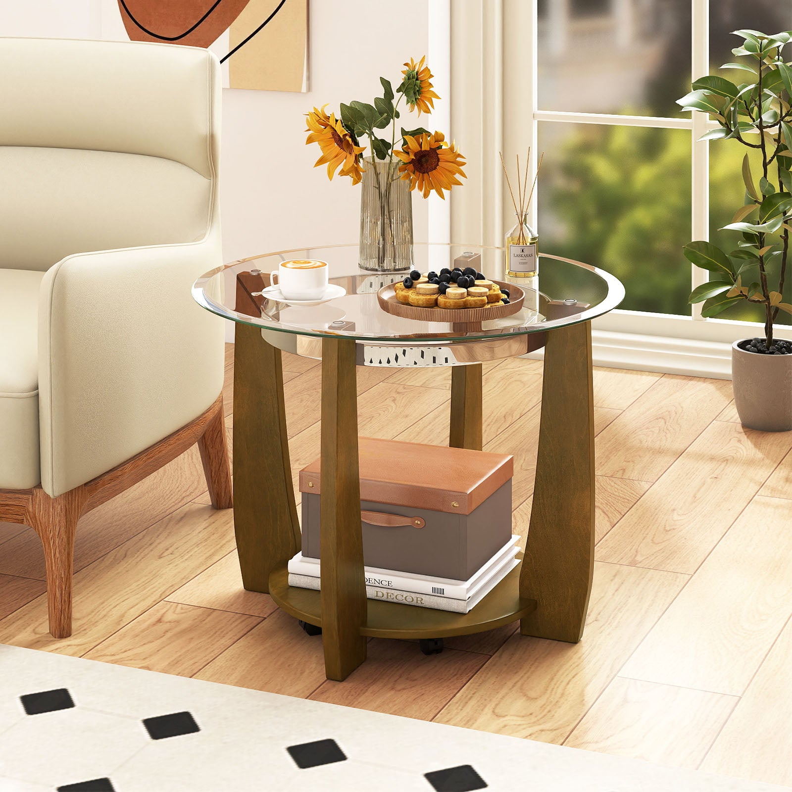 32" 2-Tier Glass Round Coffee Table with Storage Shelf, Walnut Coffee Tables at Gallery Canada