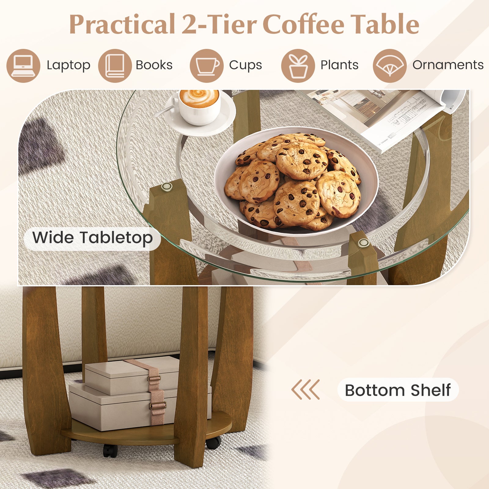 32" 2-Tier Glass Round Coffee Table with Storage Shelf, Walnut Coffee Tables at Gallery Canada