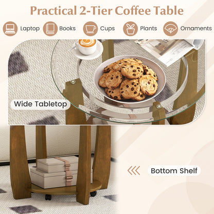 32" 2-Tier Glass Round Coffee Table with Storage Shelf, Walnut Coffee Tables at Gallery Canada