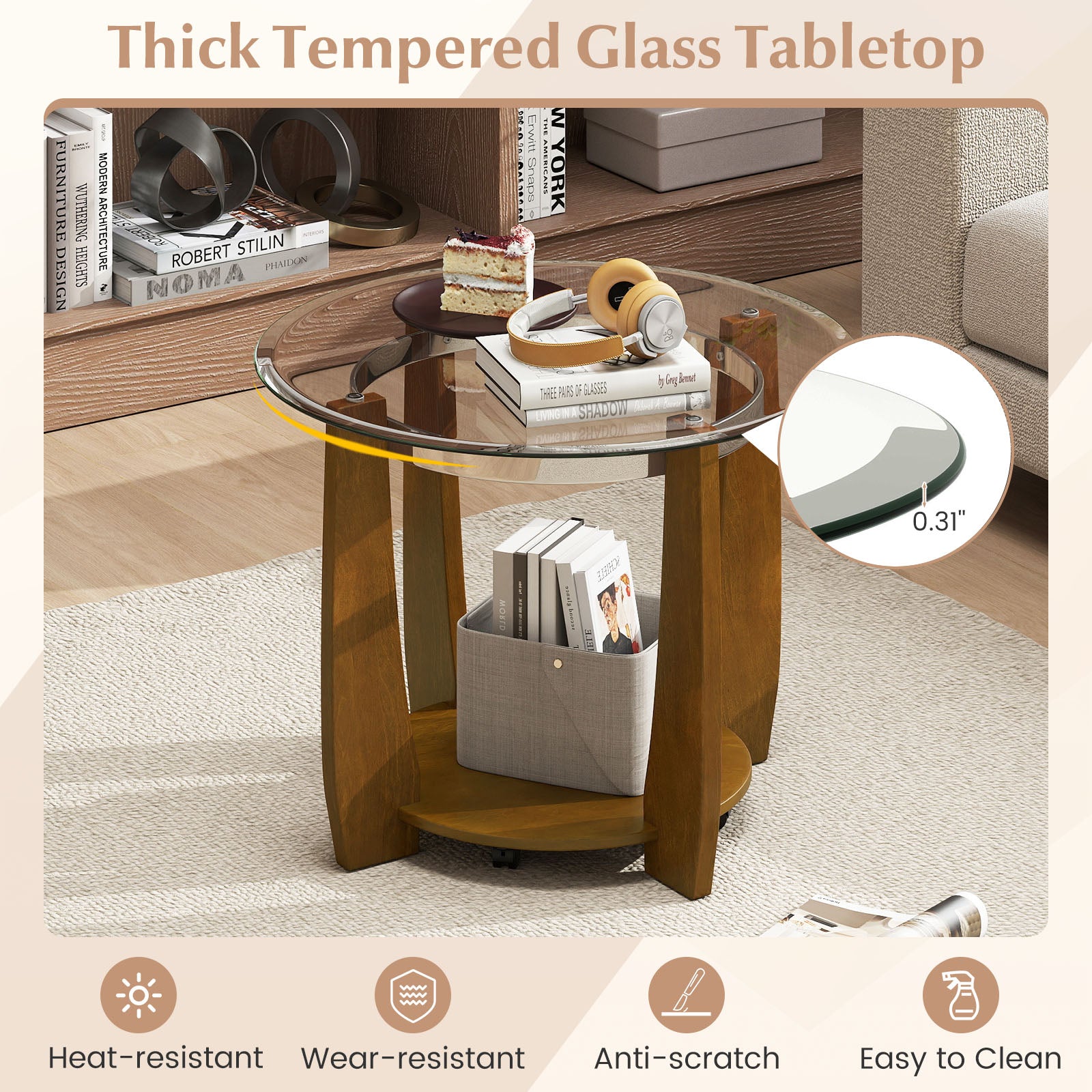 32" 2-Tier Glass Round Coffee Table with Storage Shelf, Walnut Coffee Tables at Gallery Canada