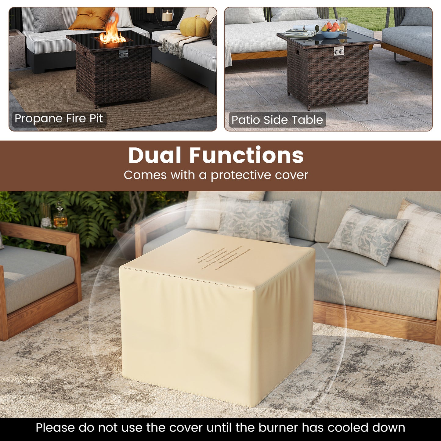 32.5 Inch Propane Fire Pit Table 5000 BTU with Tempered Glass Tabletop, Brown Fire Pit Tables at Gallery Canada