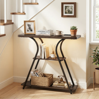 32 Inch Narrow Long Entryway Table with Power Outlets and LED Lights, Brown Console Tables at Gallery Canada