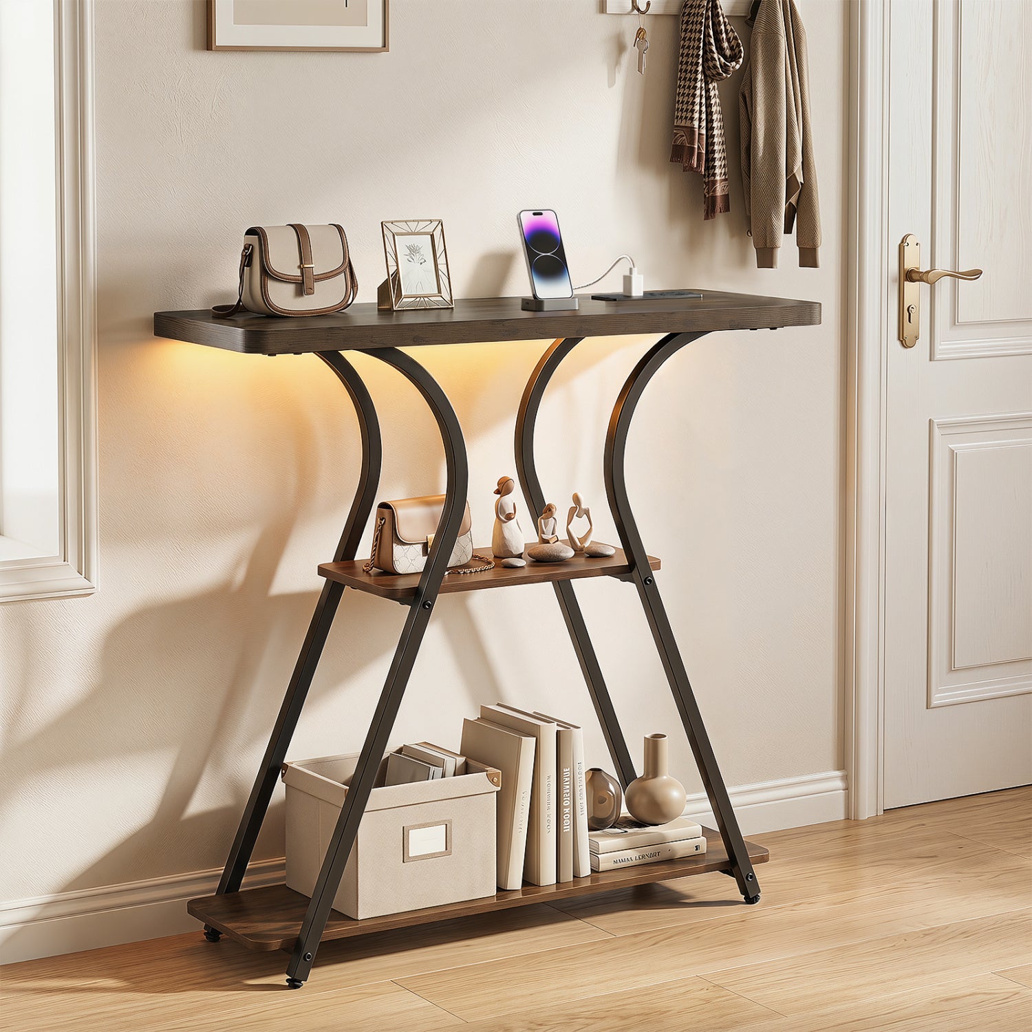 32 Inch Narrow Long Entryway Table with Power Outlets and LED Lights, Brown Console Tables at Gallery Canada
