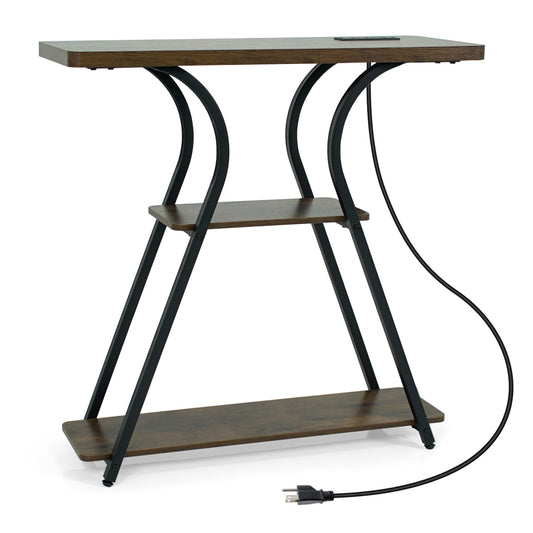 32 Inch Narrow Long Entryway Table with Power Outlets and LED Lights, Brown Console Tables Brown at Gallery Canada