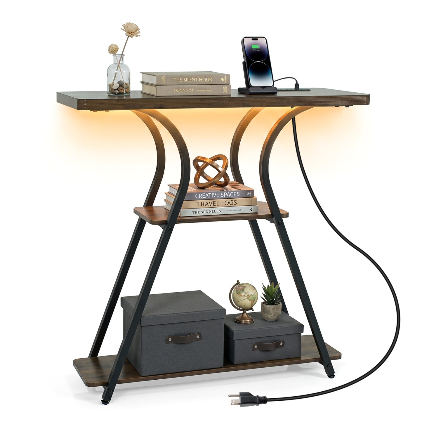 32 Inch Narrow Long Entryway Table with Power Outlets and LED Lights, Brown Console Tables at Gallery Canada