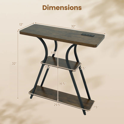 32 Inch Narrow Long Entryway Table with Power Outlets and LED Lights, Brown Console Tables at Gallery Canada