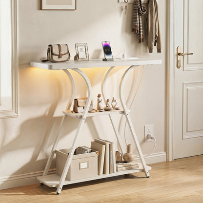 32 Inch Narrow Entryway Table with Power Outlets & LED Lights, Oak