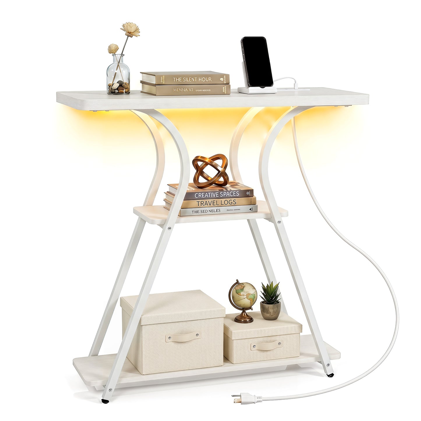 32 Inch Narrow Entryway Table with Power Outlets & LED Lights, Oak