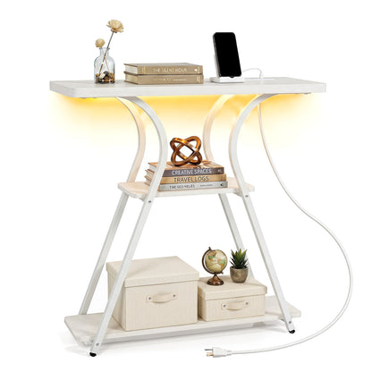 32 Inch Narrow Entryway Table with Power Outlets & LED Lights, Oak