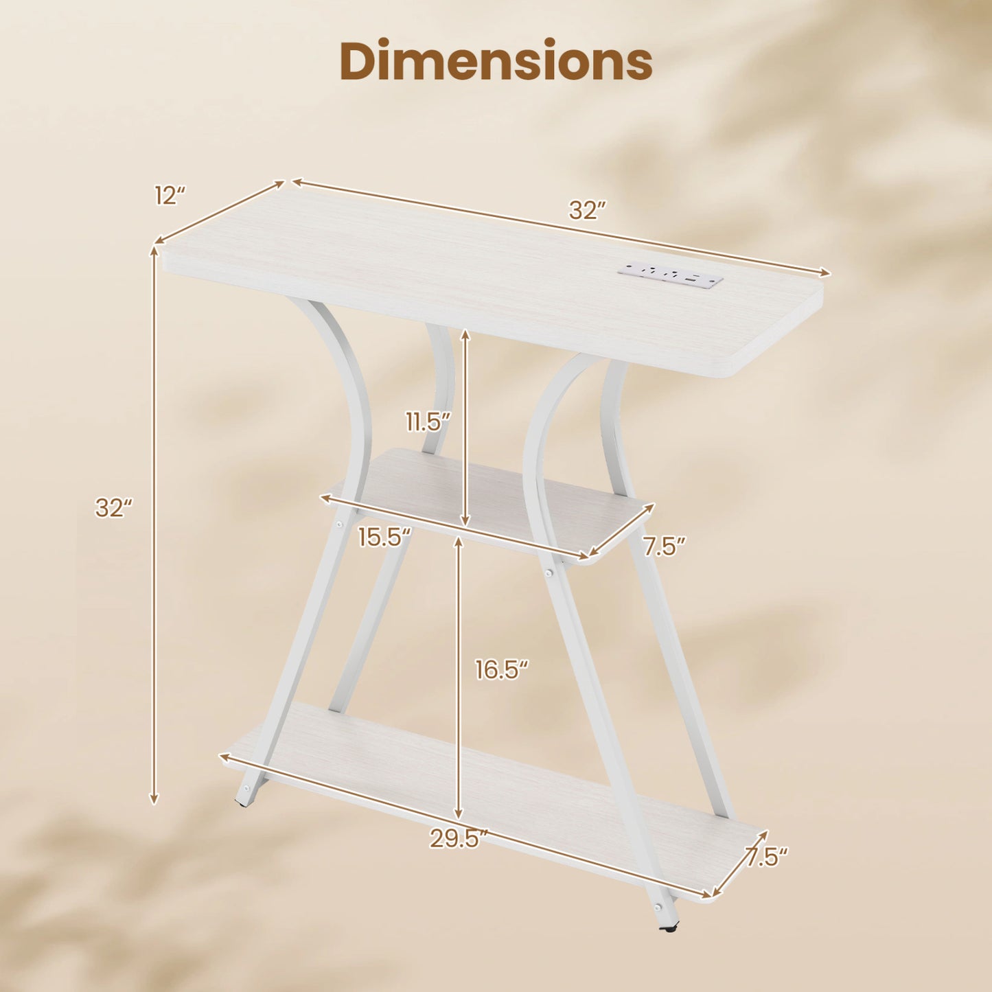 32 Inch Narrow Entryway Table with Power Outlets & LED Lights, Oak