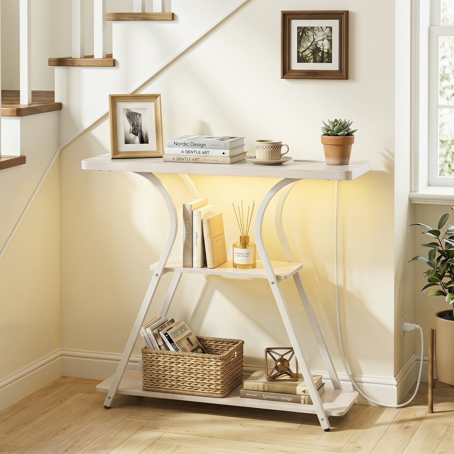32 Inch Narrow Entryway Table with Power Outlets & LED Lights, Oak
