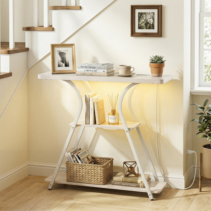 32 Inch Narrow Entryway Table with Power Outlets & LED Lights, Oak