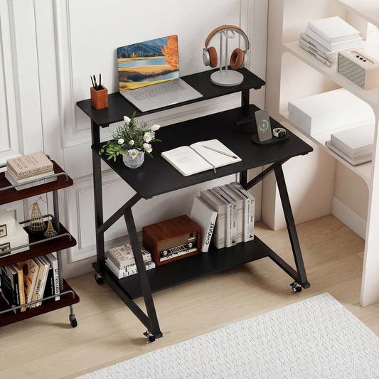 32 Inch Rolling Computer Desk, Power Outlets, Black Writing Desks Black at Gallery Canada