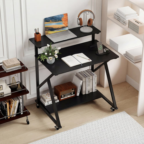 32 Inch Rolling Computer Desk, Power Outlets, Black