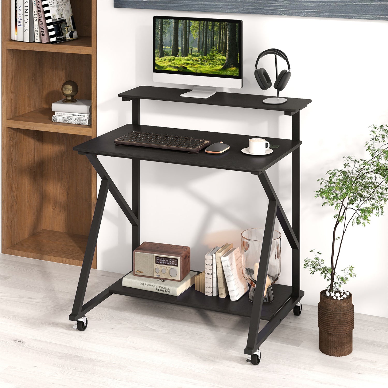 32 Inch Rolling Computer Desk, Power Outlets, Black Writing Desks at Gallery Canada
