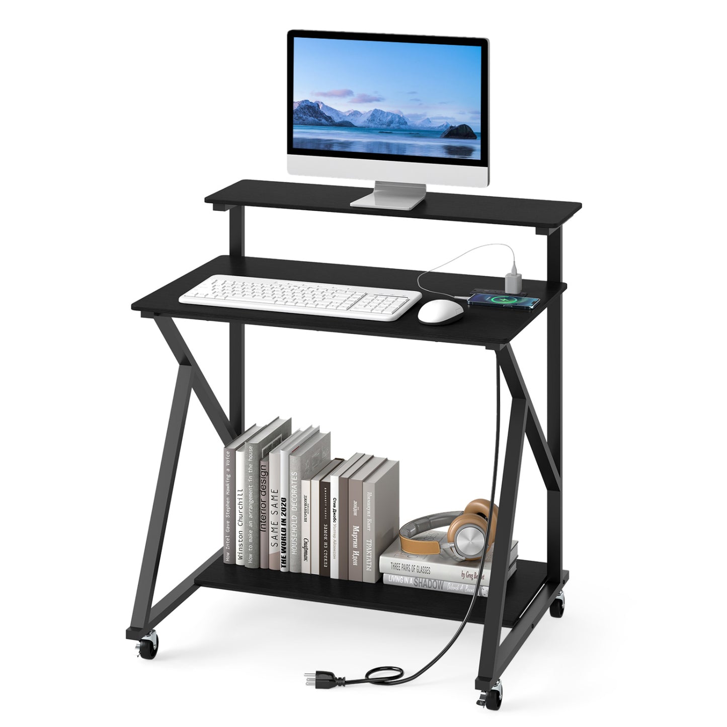 32 Inch Rolling Computer Desk, Power Outlets, Black Writing Desks at Gallery Canada