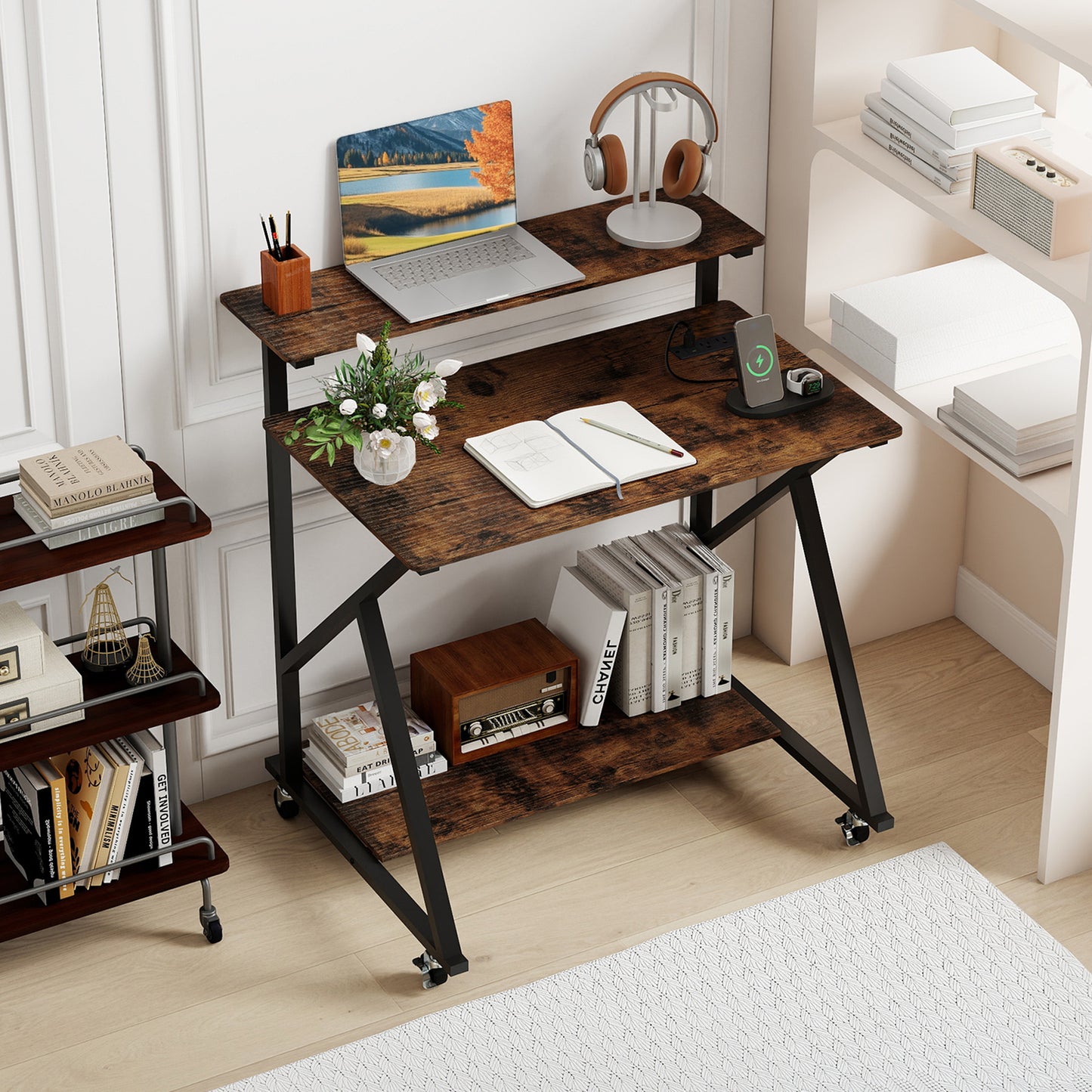 32 Inch Rolling Computer Desk, With Power Outlets, Rustic Brown Writing Desks at Gallery Canada