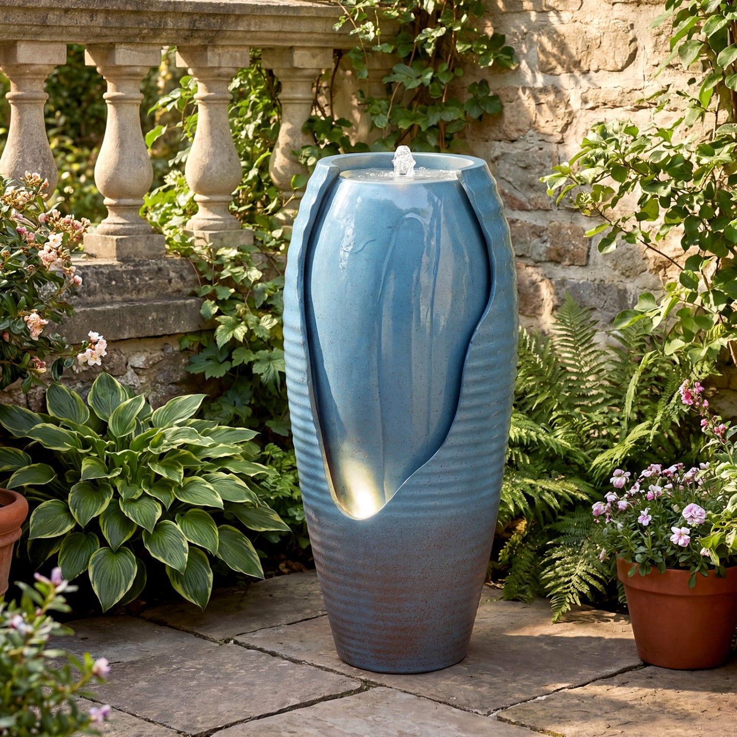 32 Inch Tall Jar Water Fountain, LED Lights, Vintage Ceramic-Look, Blue Outdoor Decor at Gallery Canada