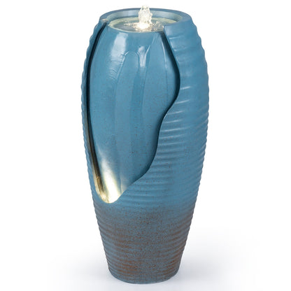 32 Inch Tall Jar Water Fountain, LED Lights, Vintage Ceramic-Look, Blue Outdoor Decor Blue at Gallery Canada
