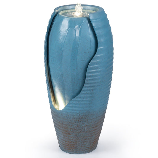 32 Inch Tall Jar Water Fountain, LED Lights, Vintage Ceramic-Look, Blue Outdoor Decor Blue at Gallery Canada
