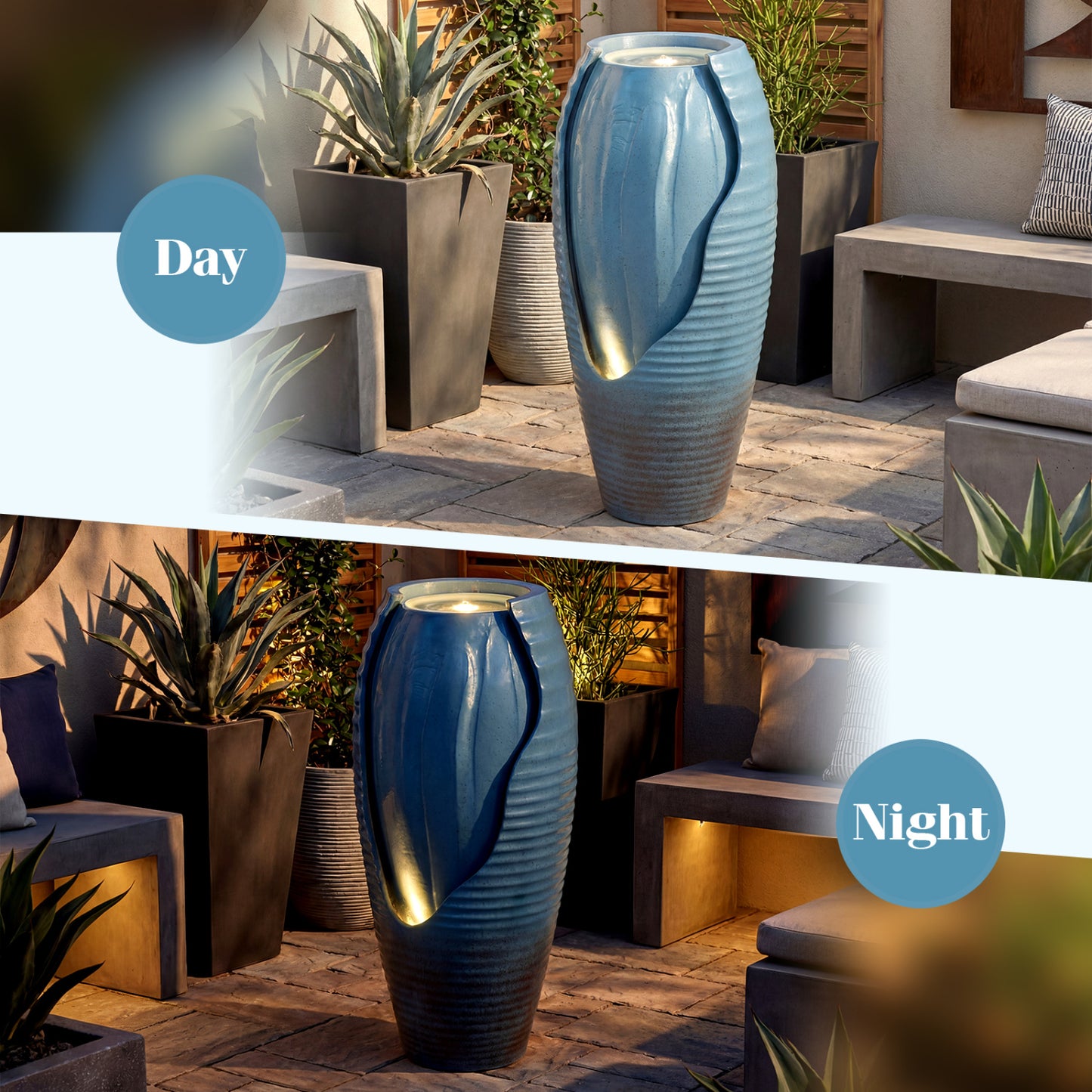 32 Inch Tall Jar Water Fountain, LED Lights, Vintage Ceramic-Look, Blue Outdoor Decor at Gallery Canada