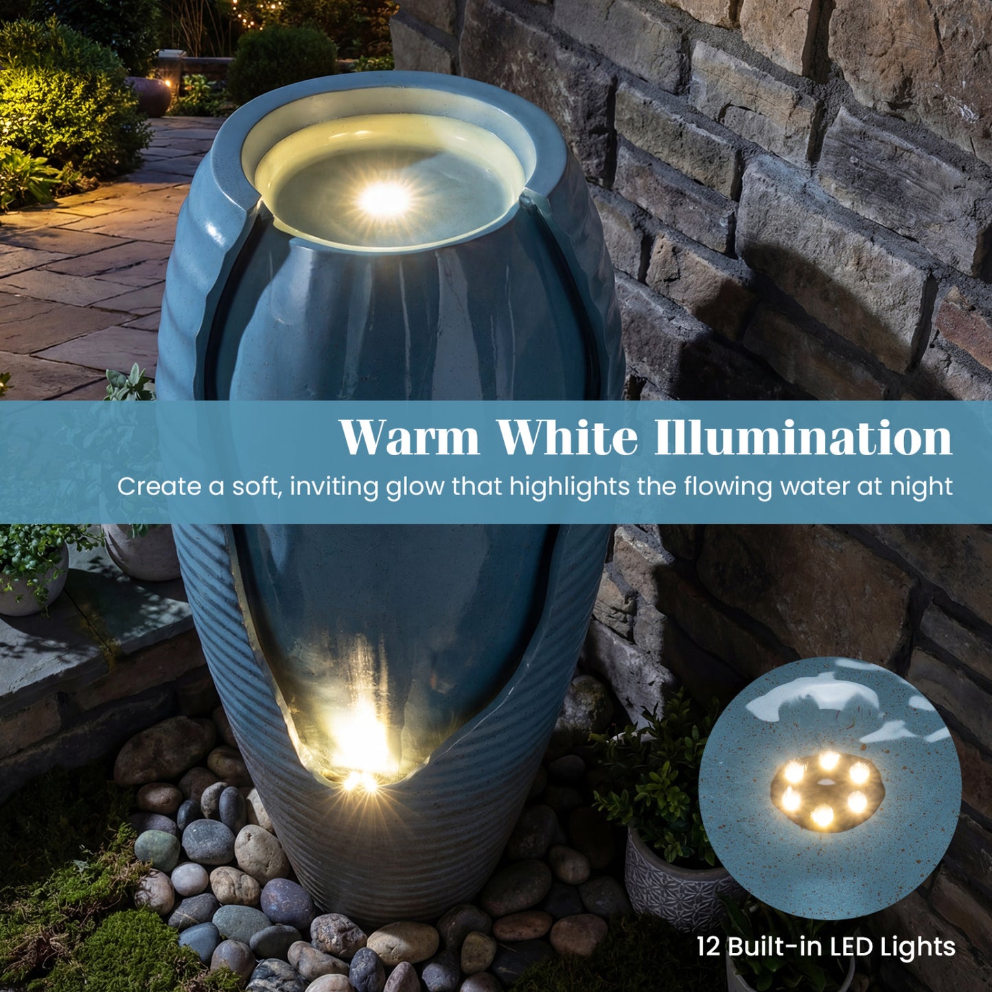 32 Inch Tall Jar Water Fountain, LED Lights, Vintage Ceramic-Look, Blue Outdoor Decor at Gallery Canada