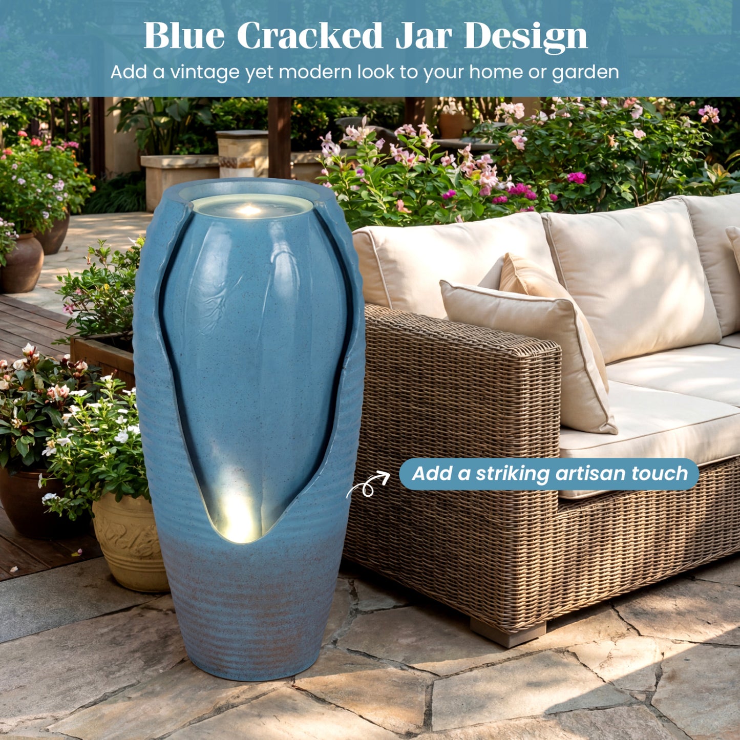 32 Inch Tall Jar Water Fountain, LED Lights, Vintage Ceramic-Look, Blue Outdoor Decor at Gallery Canada