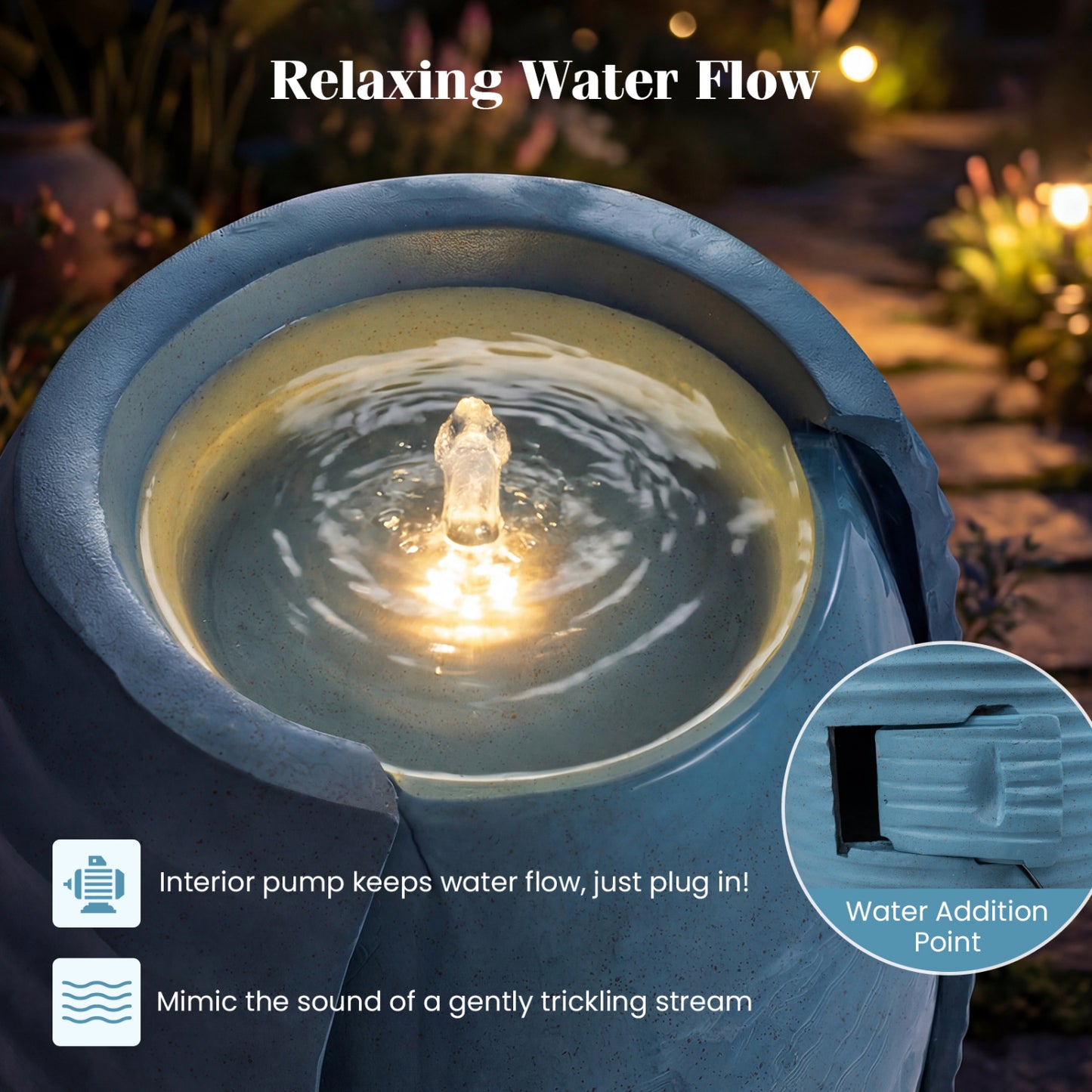 32 Inch Tall Jar Water Fountain, LED Lights, Vintage Ceramic-Look, Blue Outdoor Decor at Gallery Canada