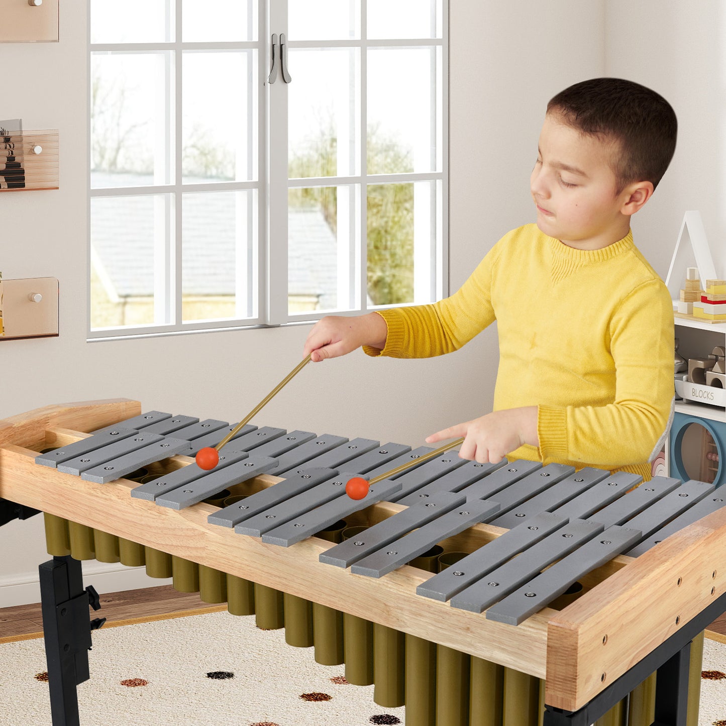 32 Note Marimba Aluminum Xylophone with Rubber Wood Base, Golden