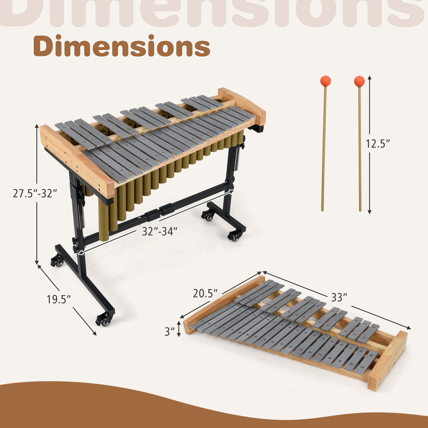 32 Note Marimba Aluminum Xylophone with Rubber Wood Base, Golden