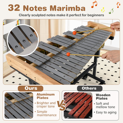 32 Note Marimba Aluminum Xylophone with Rubber Wood Base, Golden