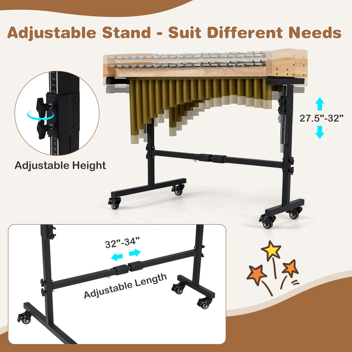 32 Note Marimba Aluminum Xylophone with Rubber Wood Base, Golden