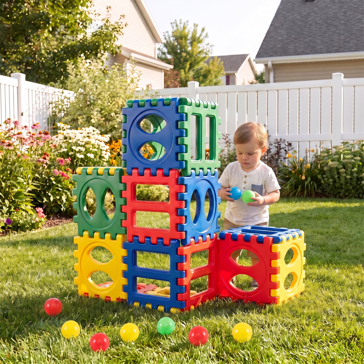 32-Piece Oversized Waffle Block Set, 10 Ocean Balls, Grid Building Toys