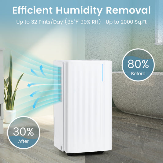 32 Pints 2000 Sq.ft Portable Dehumidifier for Home and Basement, White Dehumidifiers White at Gallery Canada