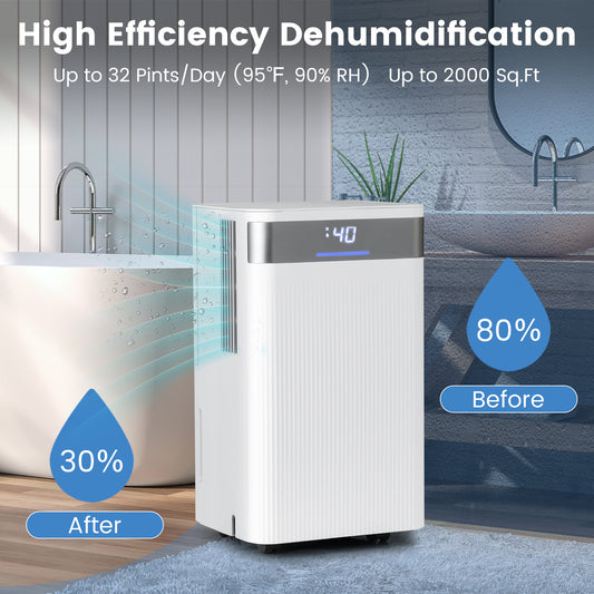 32 Pints 2000 Sq.ft Quiet Dehumidifier for Home with 3 Modes, White Dehumidifiers White at Gallery Canada