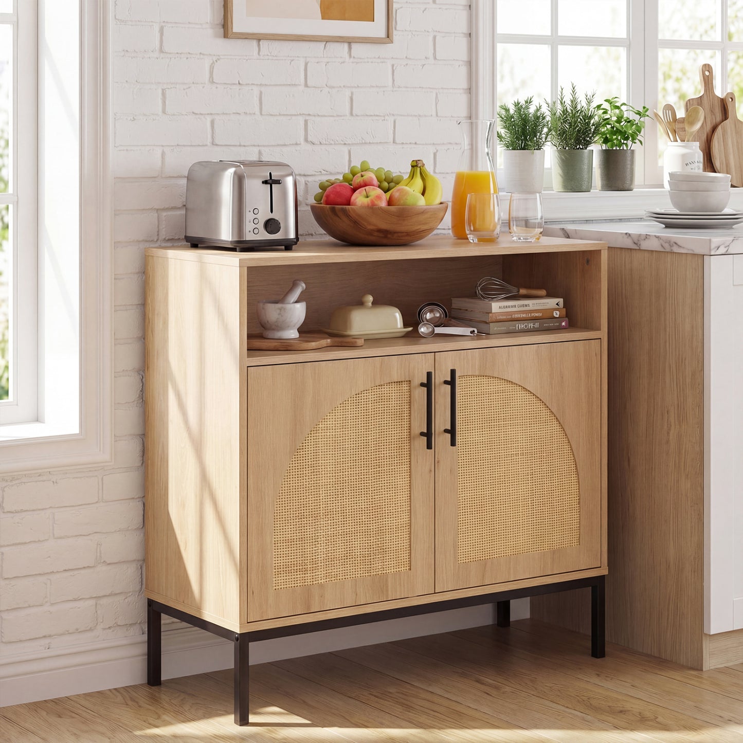 32" Sideboard Buffet Cabinet, 2 Rattan Doors, Adjustable Shelf, Natural Sideboards Cabinets & Buffets at Gallery Canada