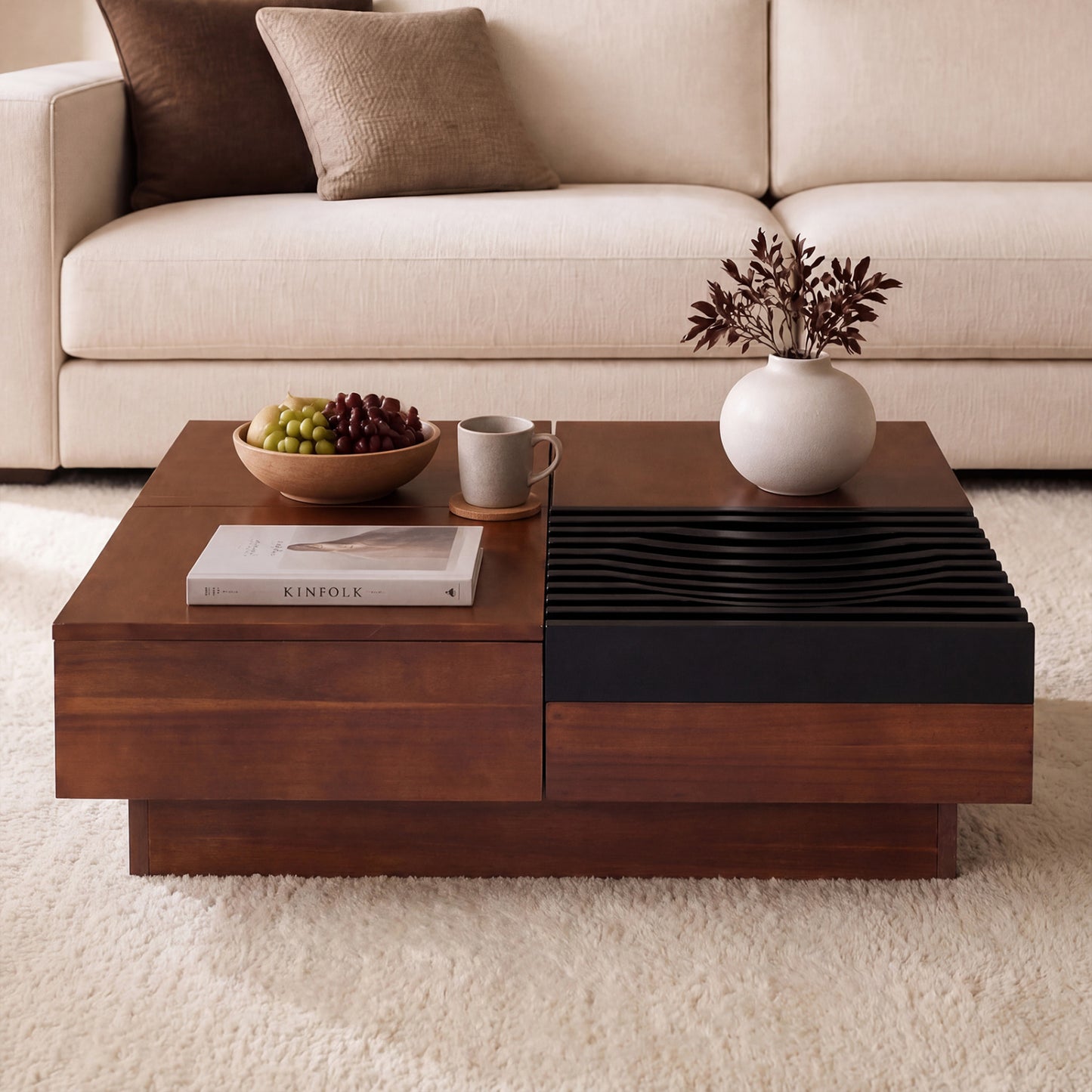 Color-Blocking Coffee Table with Storage Tray, Walnut