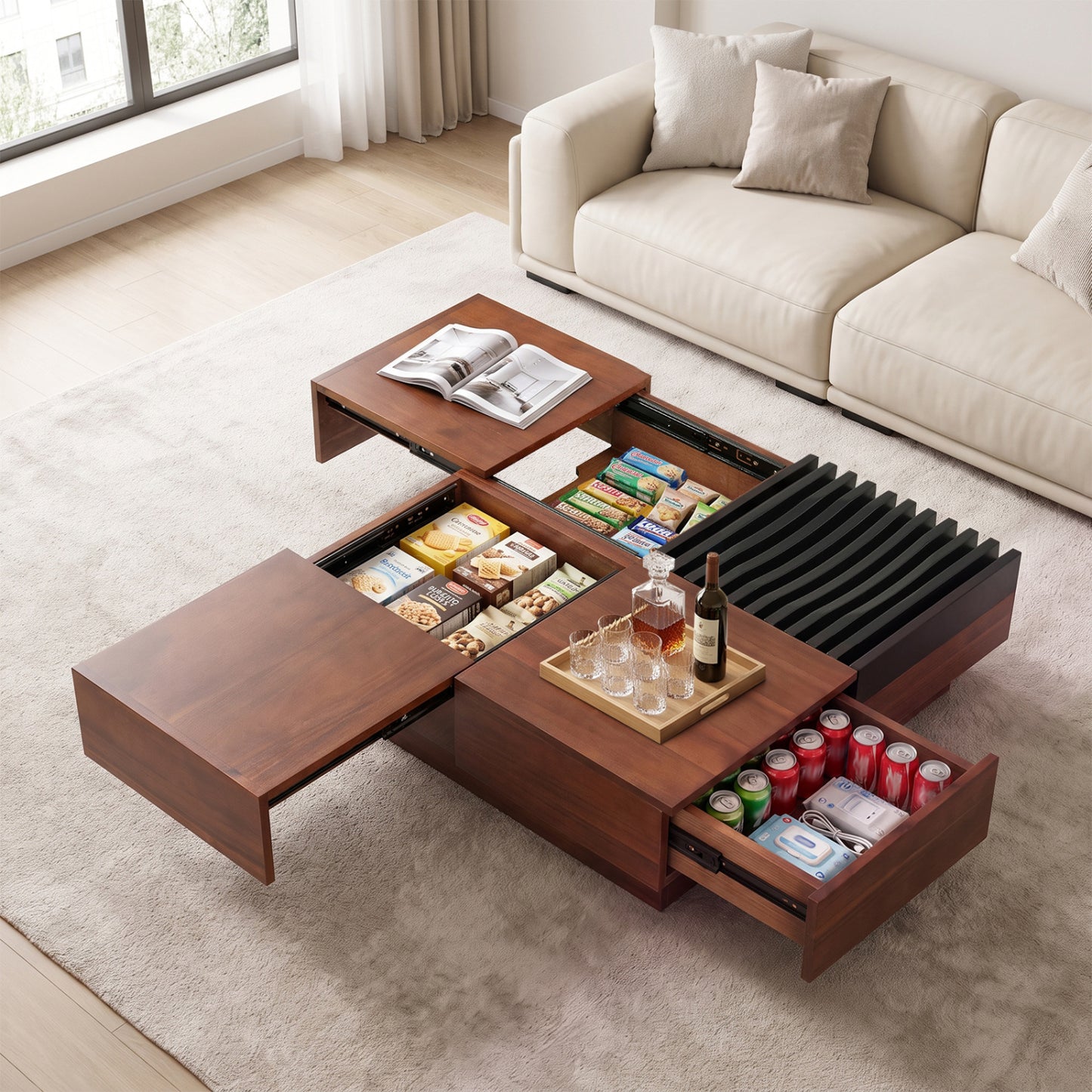 Color-Blocking Coffee Table with Storage Tray, Walnut