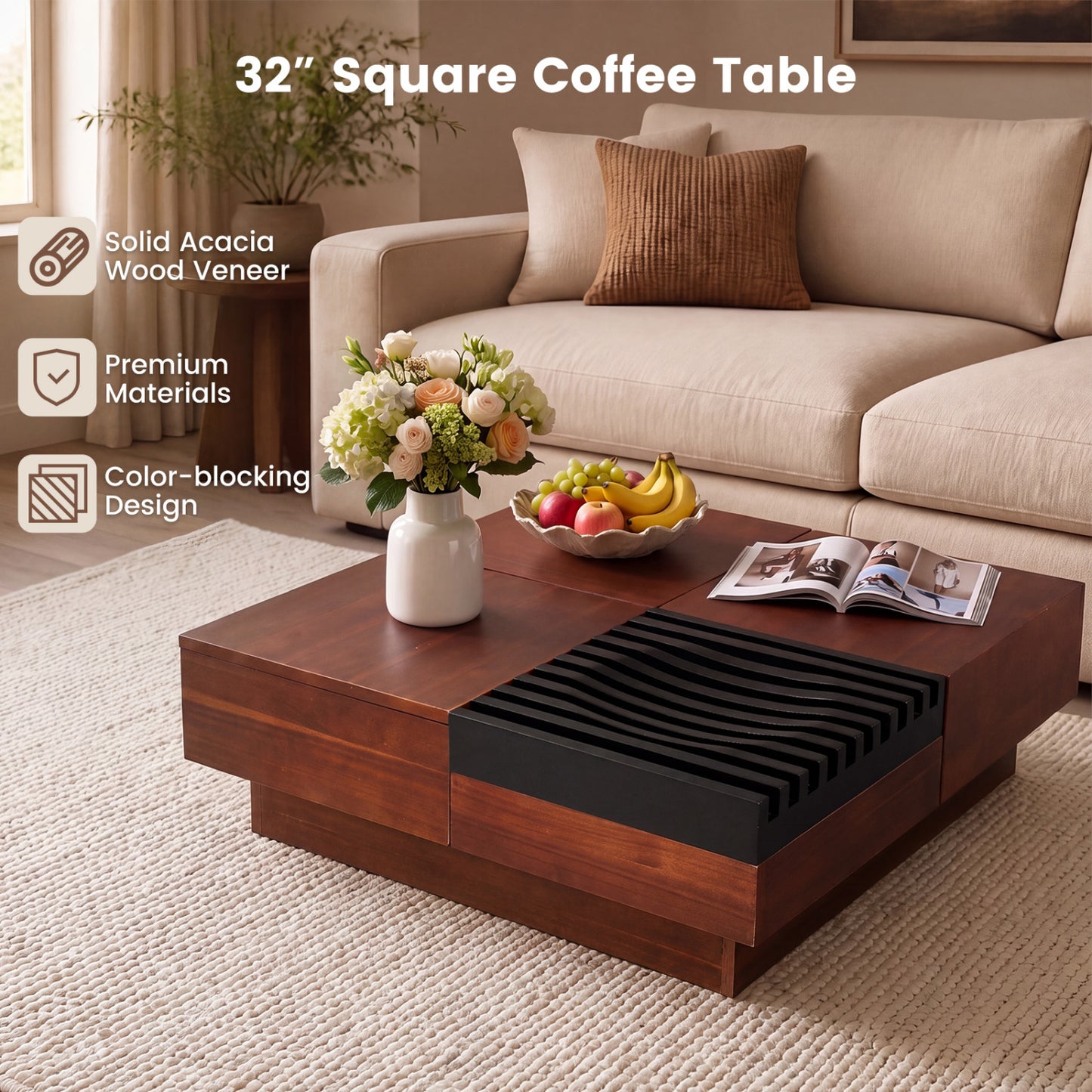 Color-Blocking Coffee Table with Storage Tray, Walnut