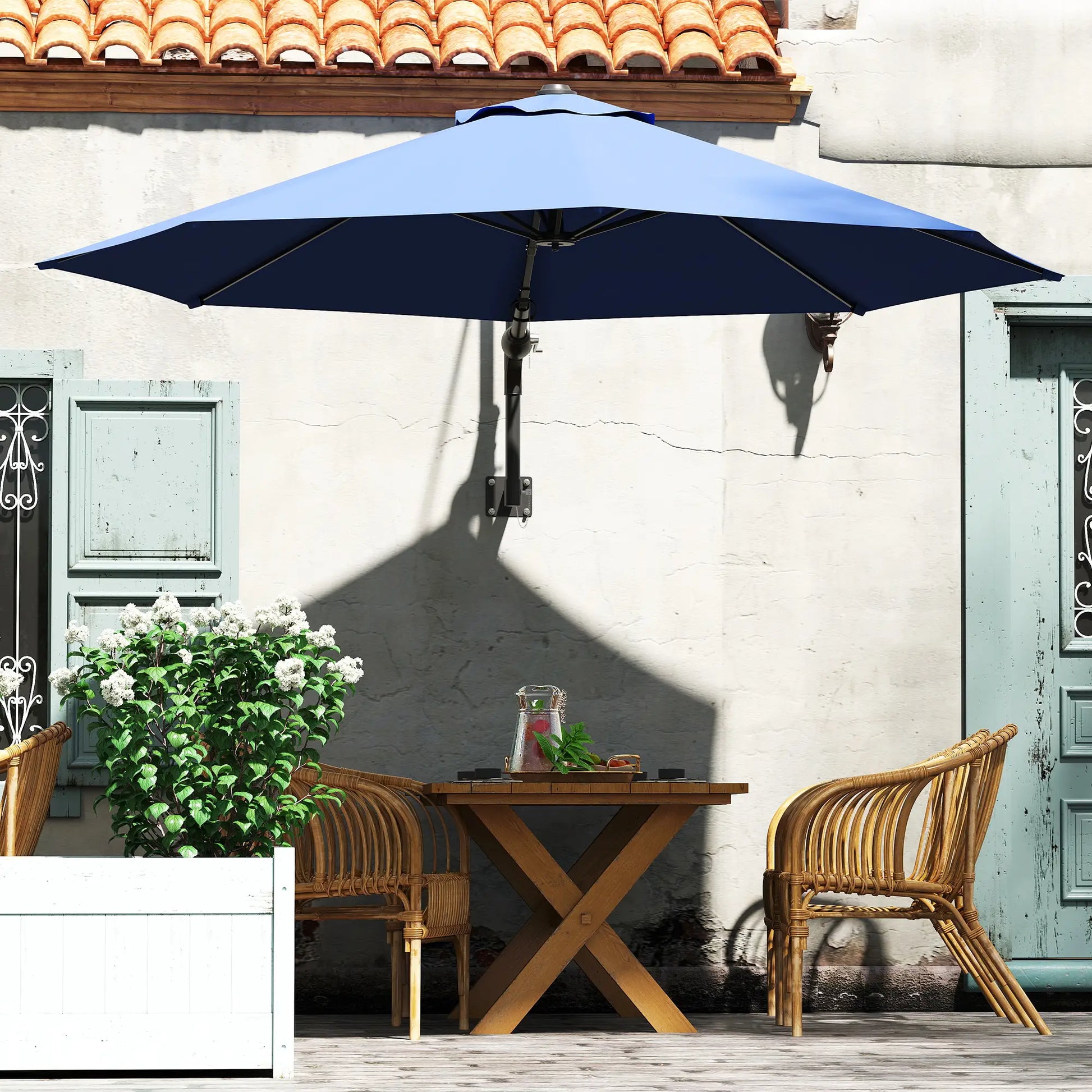 9.6 x 9.6 ft Wall Mounted Umbrella, Rotating Patio Parasol, Dark Blue Sun Umbrellas at Gallery Canada