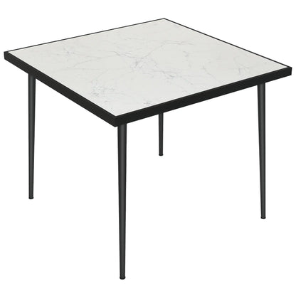 Square Outdoor Dining Table for 4, Marble Effect Glass Top, Steel Frame, White Patio Dinning Tables at Gallery Canada