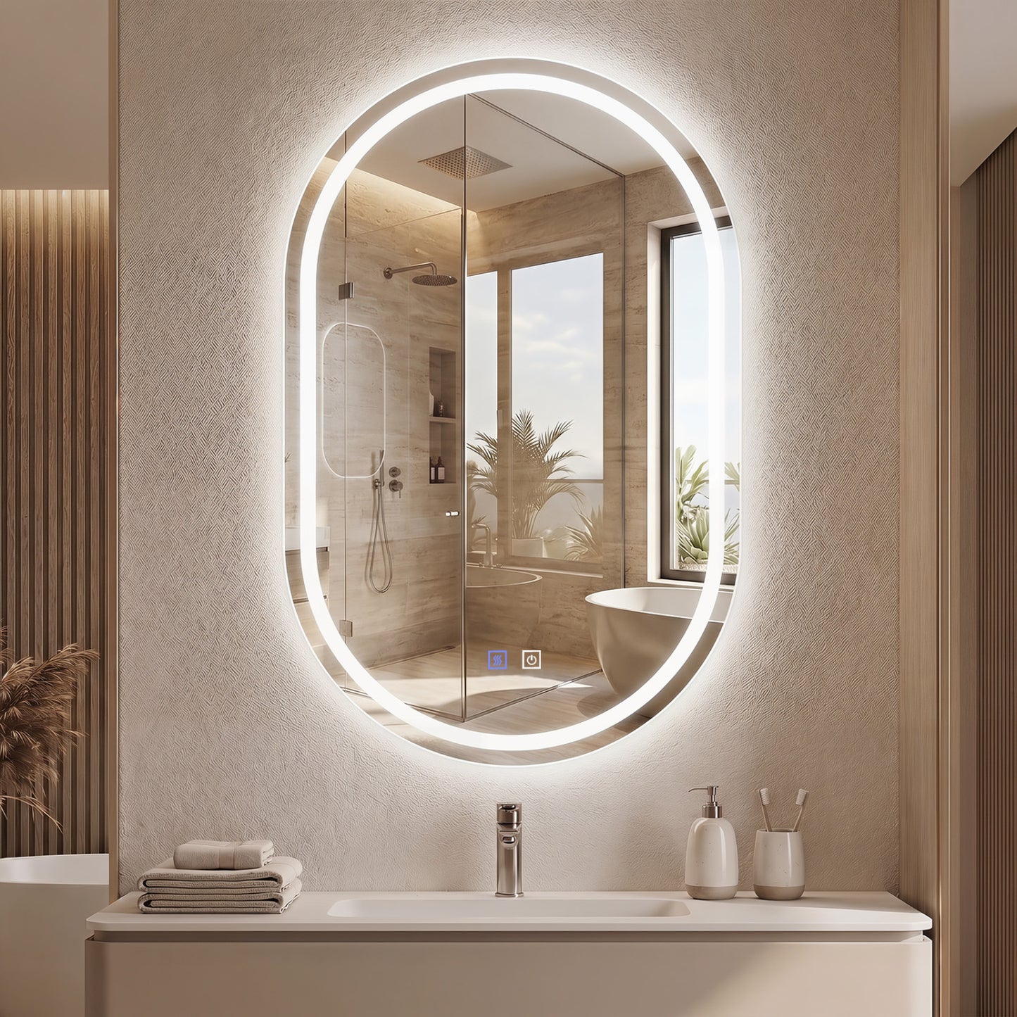 Miroir de salle de bain LED ovale 32x20, rétroéclairé avec 3 couleurs dimmables, argent