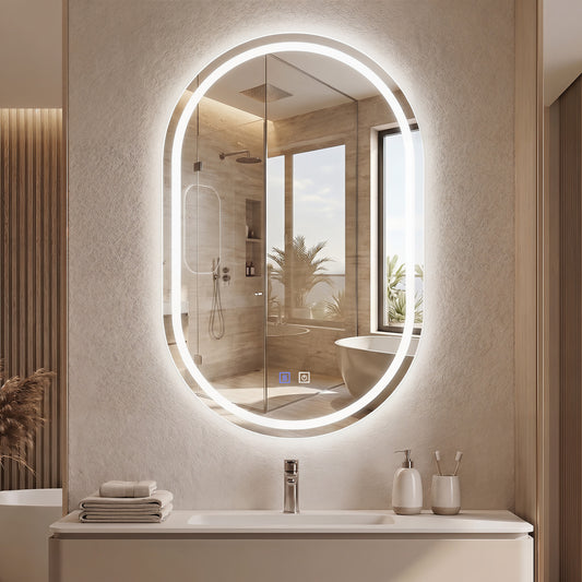32x20" Oval LED Bathroom Mirror, Backlit 3 Colors Dimming, Silver Wall Mirrors Silver at Gallery Canada