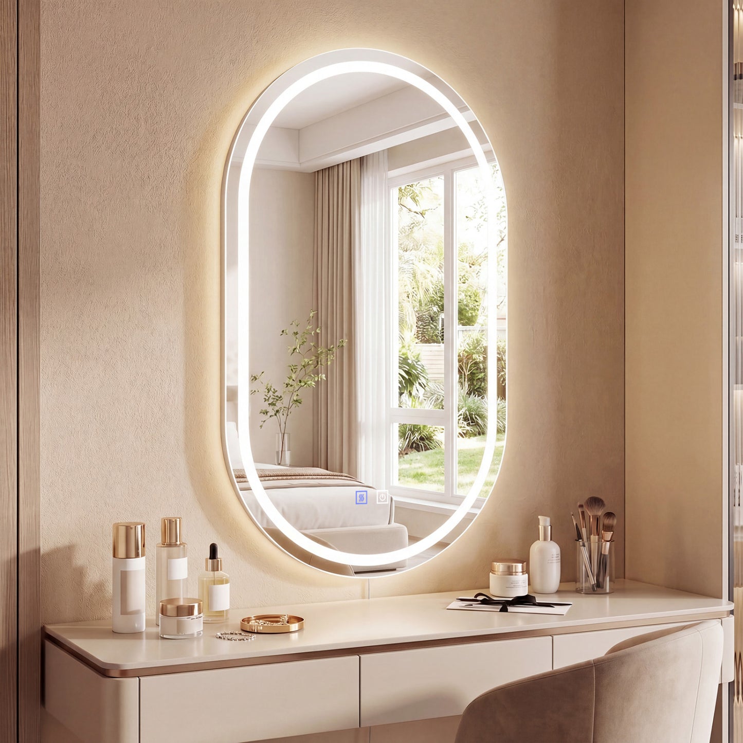 Miroir de salle de bain LED ovale 32x20, rétroéclairé avec 3 couleurs dimmables, argent