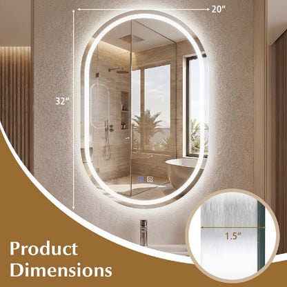 Miroir de salle de bain LED ovale 32x20, rétroéclairé avec 3 couleurs dimmables, argent