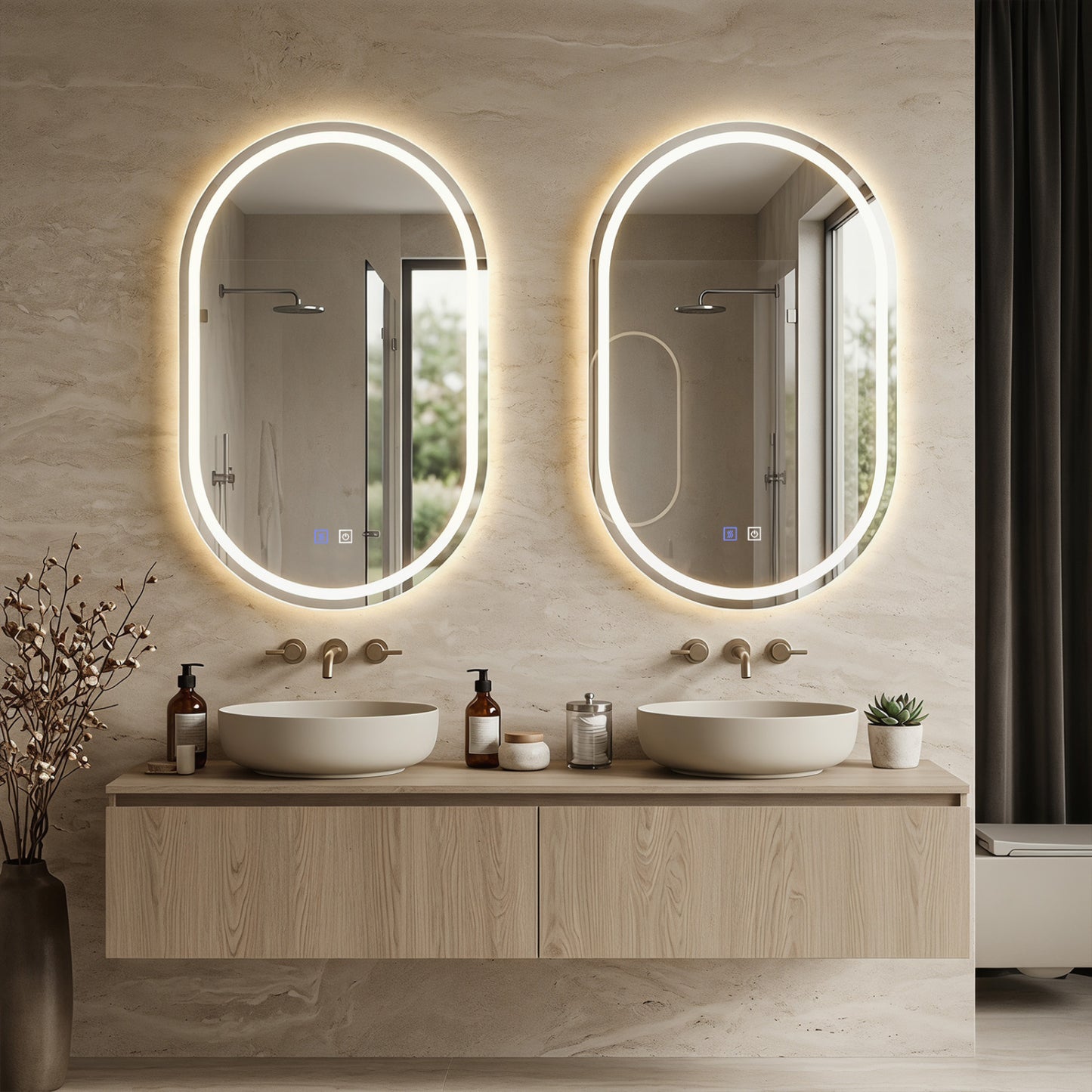 Miroir de salle de bain LED ovale 32x20, rétroéclairé avec 3 couleurs dimmables, argent