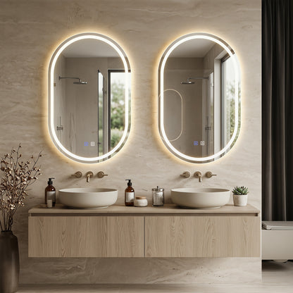 Miroir de salle de bain LED ovale 32x20, rétroéclairé avec 3 couleurs dimmables, argent