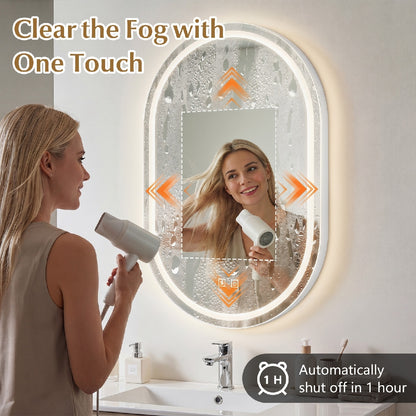 Miroir de salle de bain LED ovale 32x20, rétroéclairé avec 3 couleurs dimmables, argent
