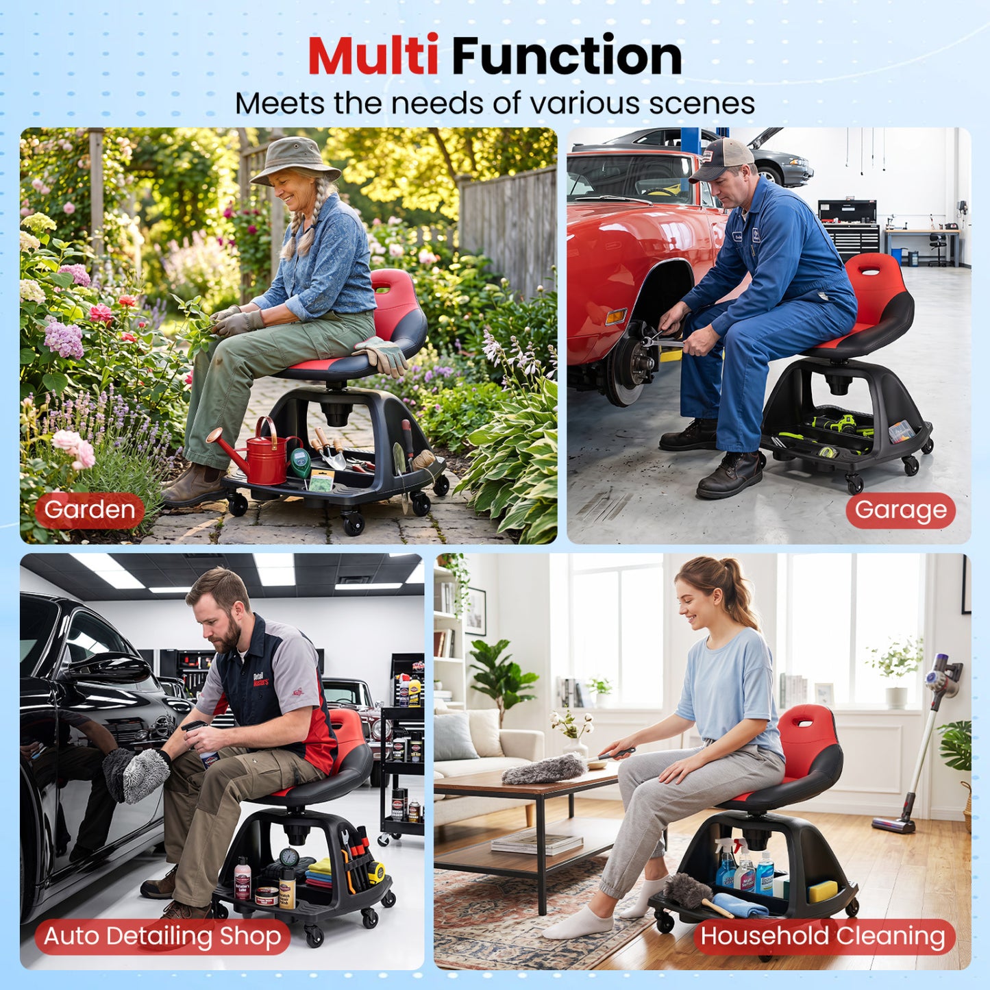 Garage Mechanic Stool Seat, 330 LBS Capacity, Red