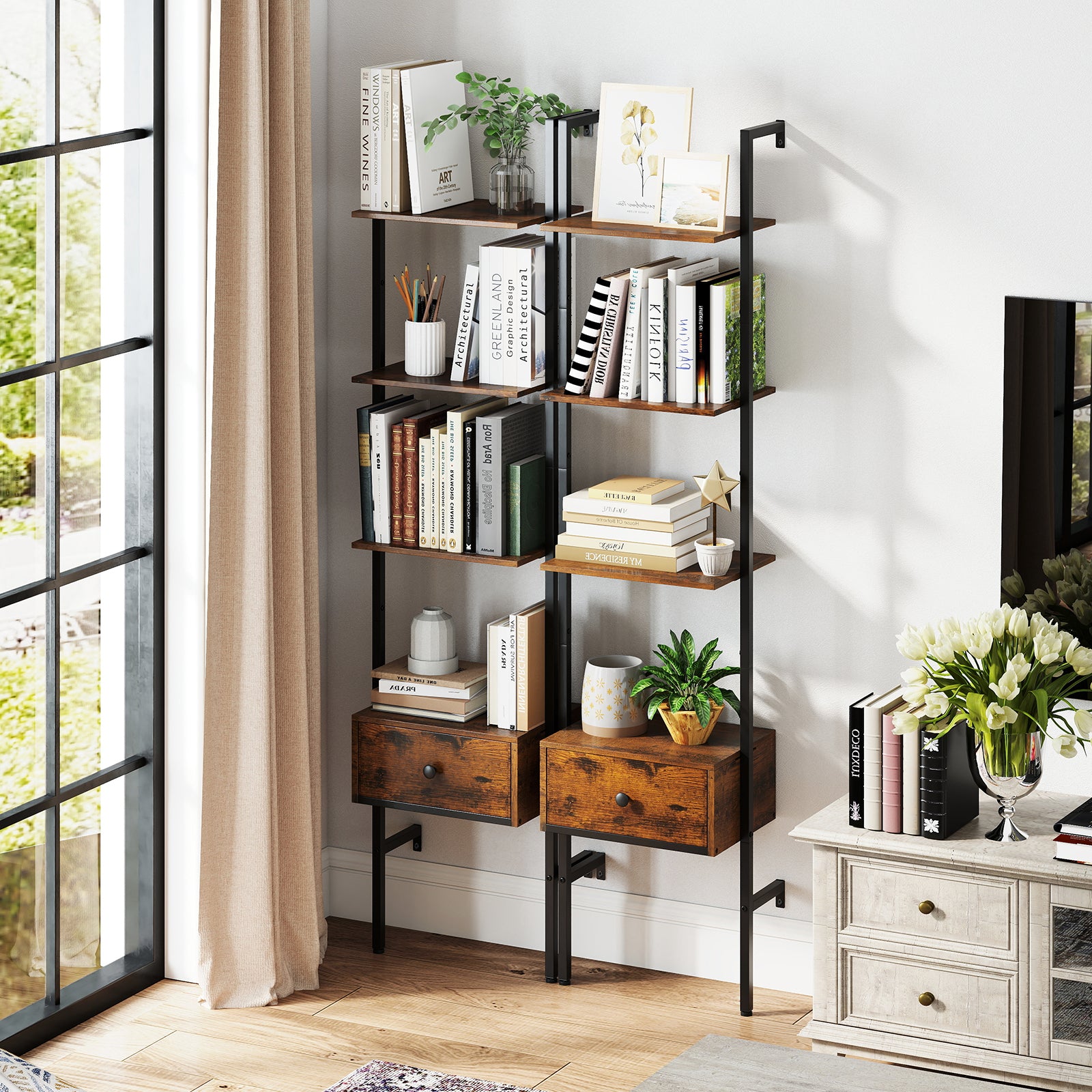 5-Tier Ladder Bookcase with Drawer and Metal Frame for Study Home Office, Rustic Brown Bookcases at Gallery Canada